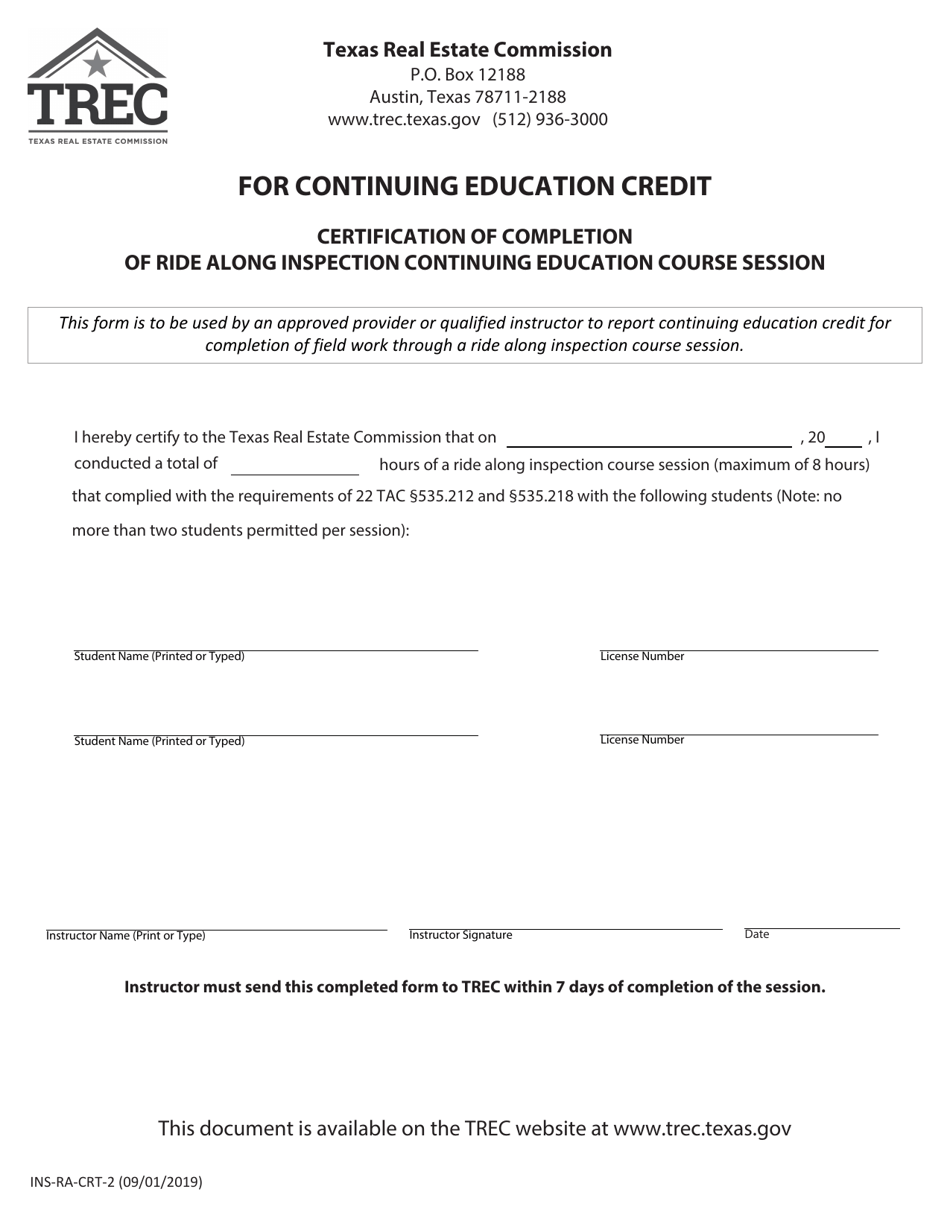 Form INS-RA-CRT-2 For Continuing Education Credit Certification of Completion of Ride Along Inspection Continuing Education Course Session - Texas, Page 1