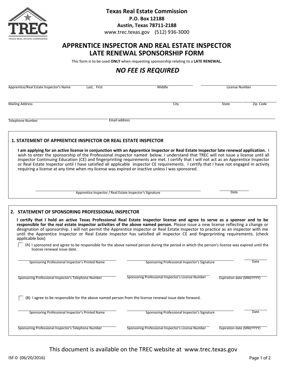 Form ISF-0 Apprentice Inspector and Real Estate Inspector Late Renewal Sponsorship Form - Texas, Page 1