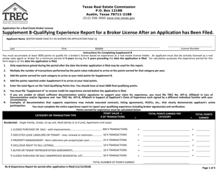 Document preview: Supplement B Qualifying Experience Report for a Broker License After an Application Has Been Filed - Texas