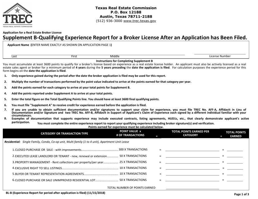Supplement B Qualifying Experience Report for a Broker License After an Application Has Been Filed - Texas