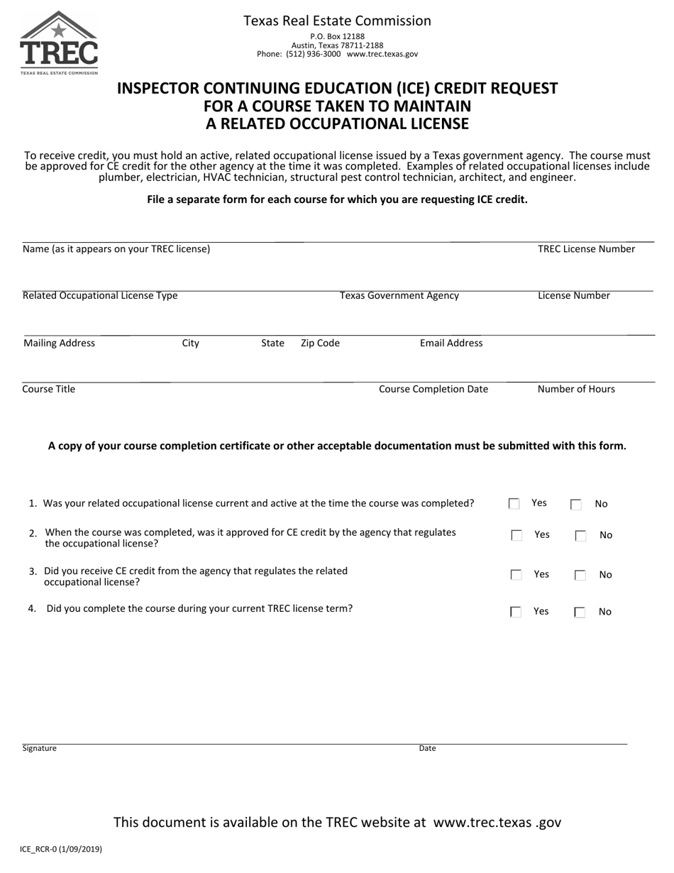 Form ICE_RCR-0 Inspector Continuing Education (ICE) Credit Request for a Course Taken to Maintain a Related Occupational License - Texas, Page 1