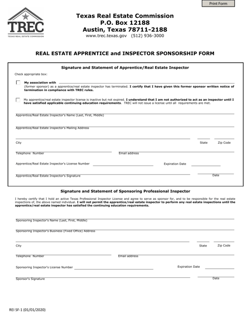 Form REI SF-1 Real Estate Apprentice and Inspector Sponsorship Form - Texas