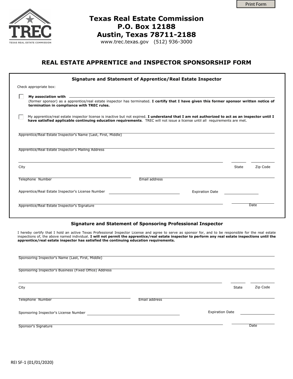 Form REI SF-1 Real Estate Apprentice and Inspector Sponsorship Form - Texas, Page 1