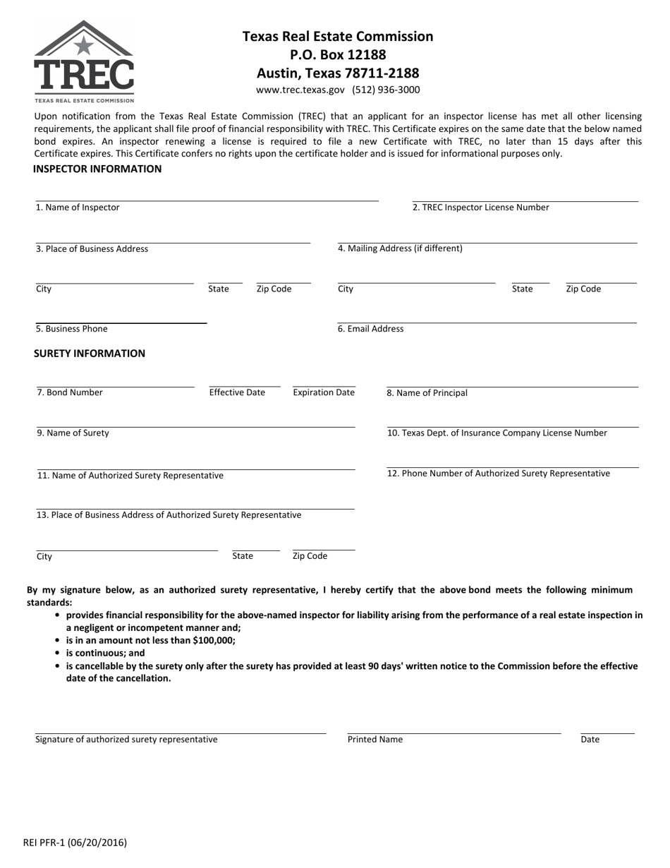 Form REI PFR-1 Proof of Financial Responsibility - Texas, Page 1