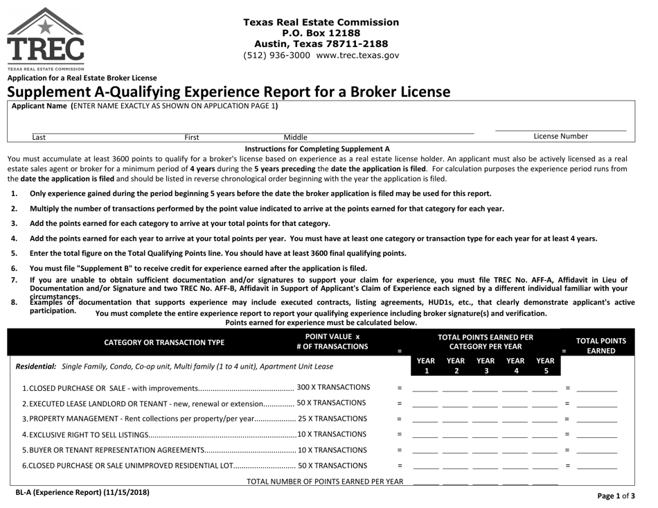 Supplement A Qualifying Experience Report for a Broker License - Texas, Page 1