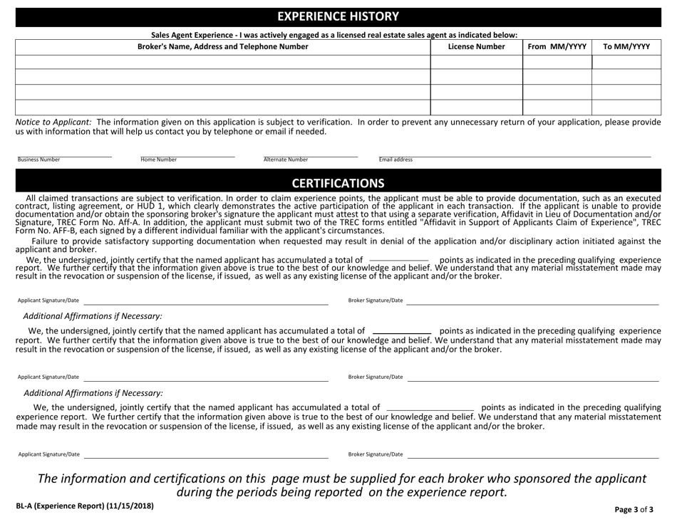 Supplement A Qualifying Experience Report for a Broker License - Texas, Page 3