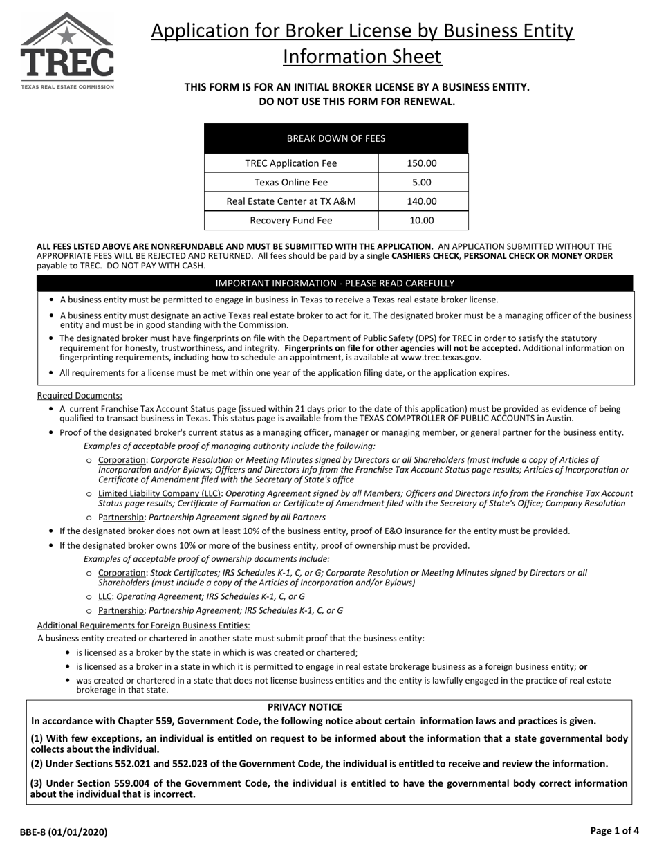 Form BBE-8 Application for Real Estate Broker License by a Business Entity - Texas, Page 1