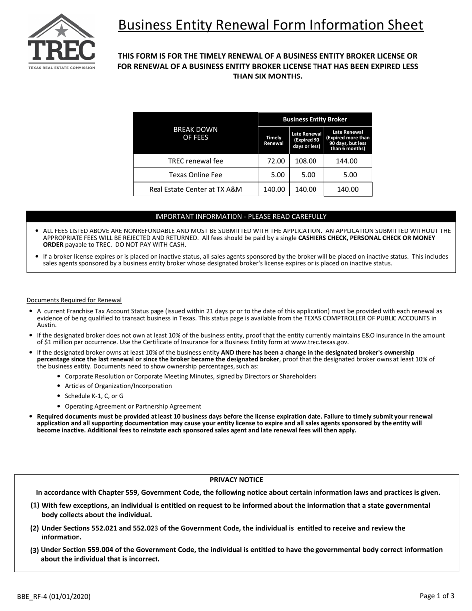 Form BBE_RF-4 Renewal of Business Entity Broker License -timely or Expired Less Than Six Months - Texas, Page 1