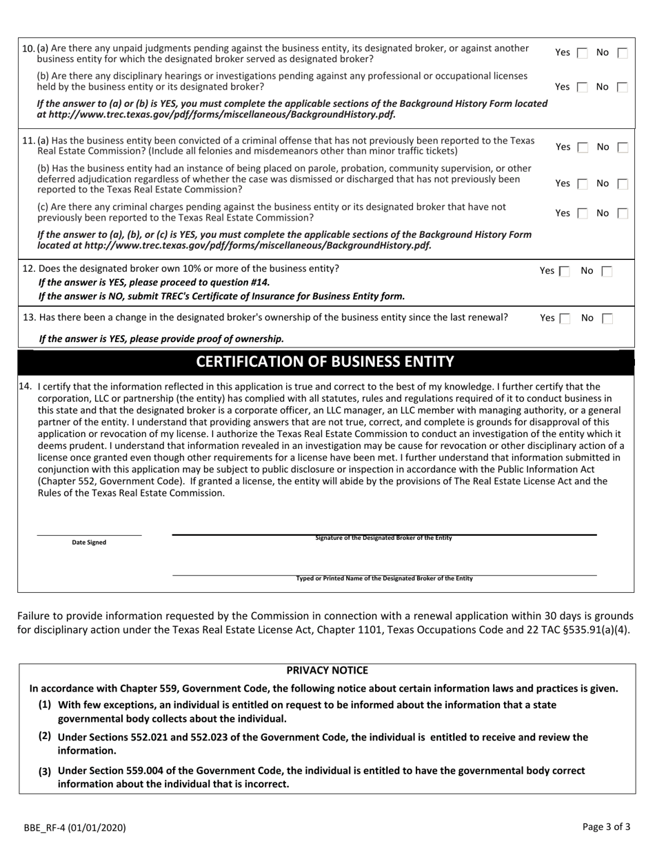 Form BBE_RF-4 Renewal of Business Entity Broker License -timely or Expired Less Than Six Months - Texas, Page 3