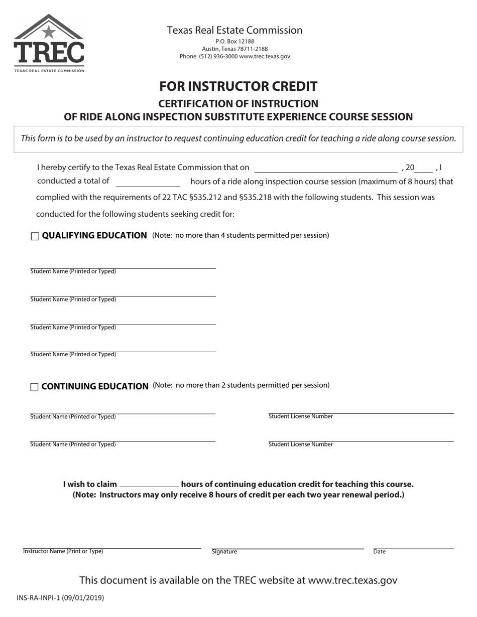 Form INS-RA-INPI-1 For Instructor Credit Certification of Instruction of Ride Along Inspection Substitute Experience Course Session - Texas, Page 1
