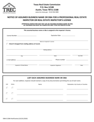 Form IDBA-0 &quot;Notice of Assumed Business Name or Dba for a Professional Real Estate Inspector or Real Estate Inspector's License&quot; - Texas