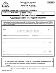 Document preview: Form REI PRORA-3 Application for Professional Inspector to Return to Active Status - Texas