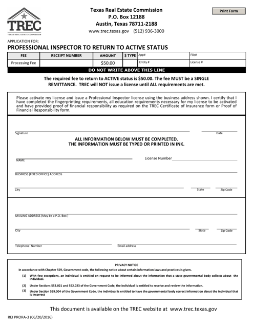 Form REI PRORA-3 Application for Professional Inspector to Return to Active Status - Texas