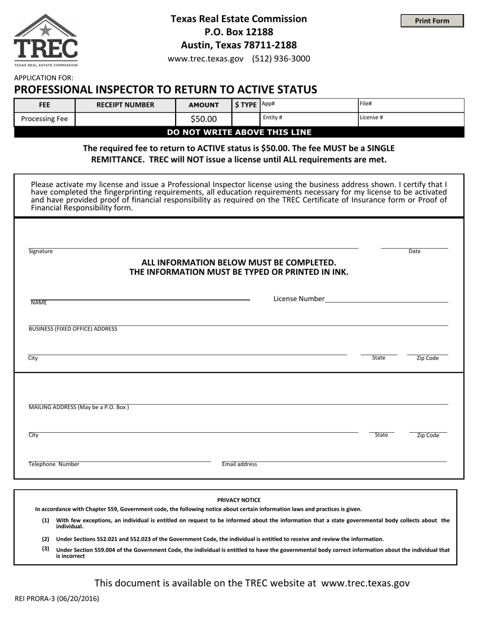 Form REI PRORA-3 Application for Professional Inspector to Return to Active Status - Texas, Page 1