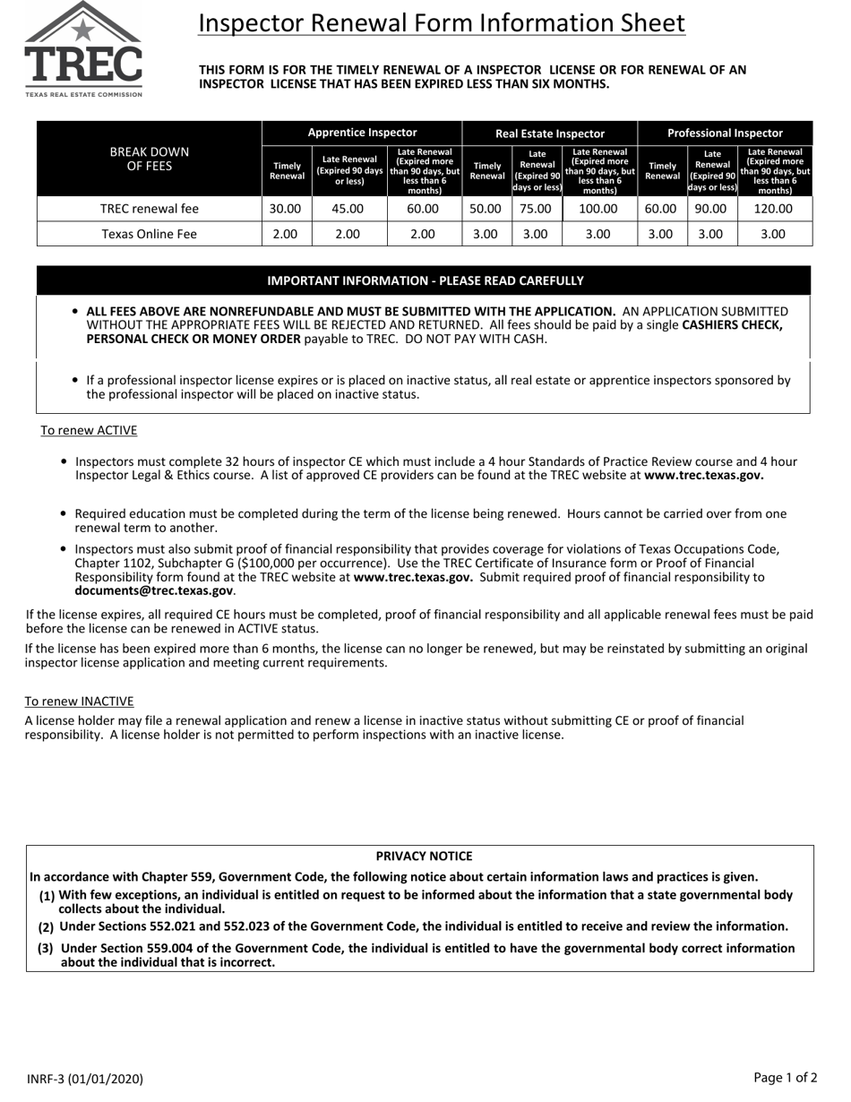 Form INRF-3 Renewal of Inspector License -timely or Expired Less Than Six Months - Texas, Page 1
