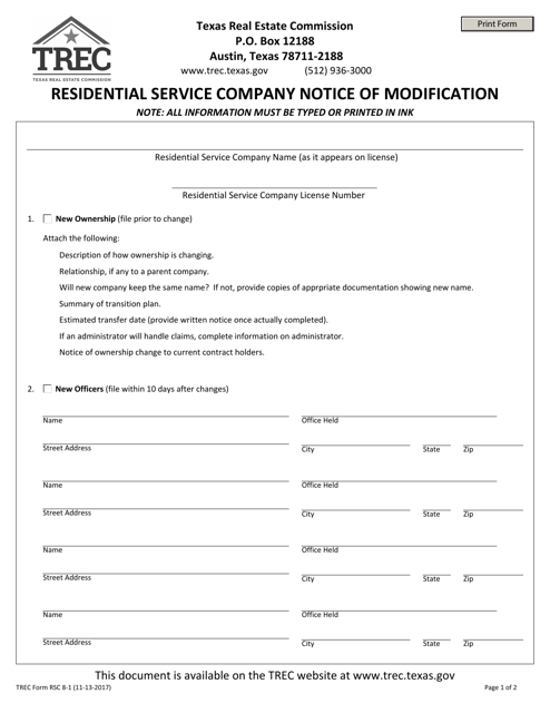TREC Form RSC8-1 Residential Service Company Notice of Modification - Texas