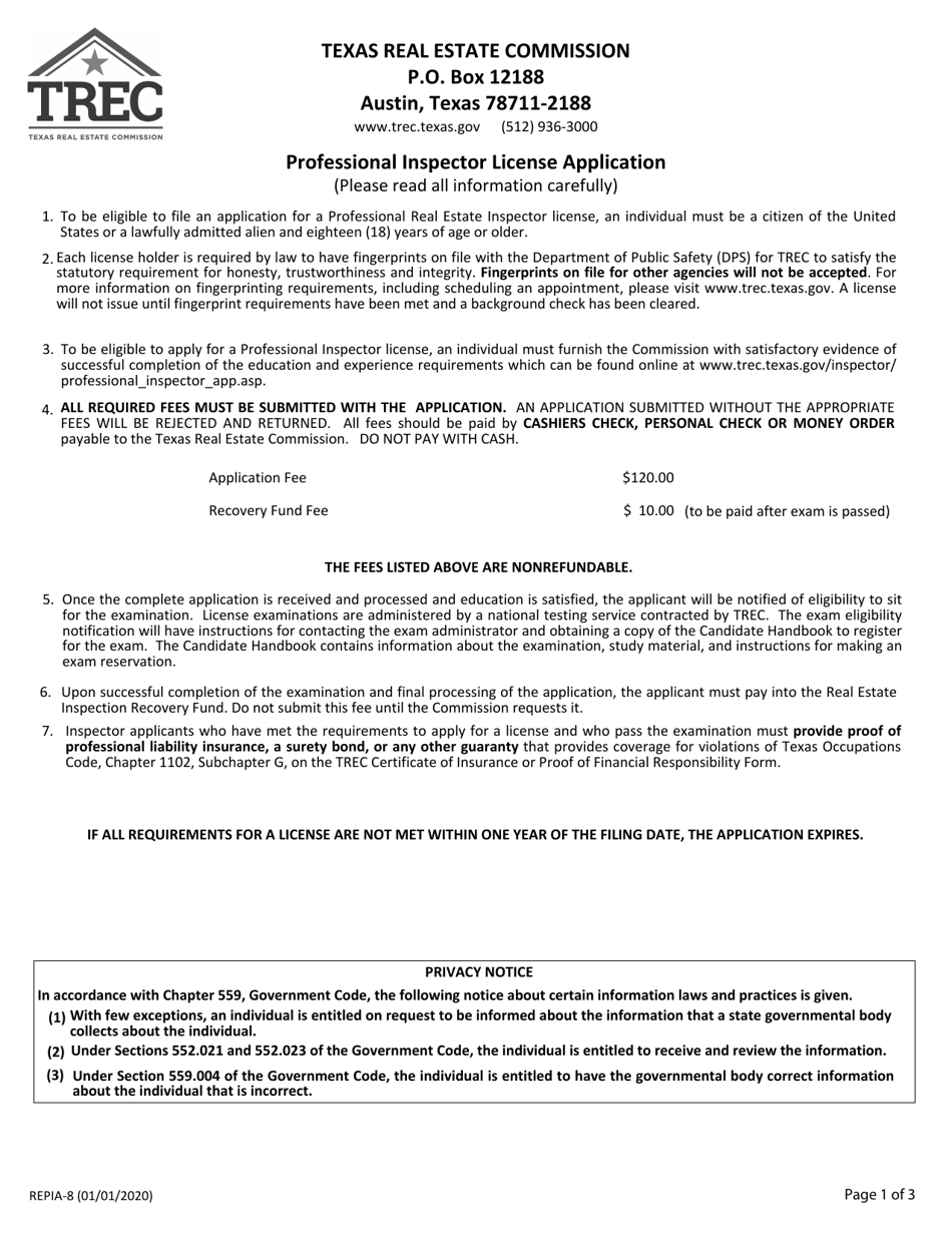 Form REPIA-8 Application for Professional Real Estate Inspector License - Texas, Page 1