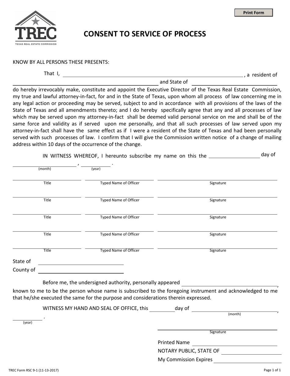 TREC Form RSC9-1 Residential Service Company Consent to Service of Process - Texas, Page 1