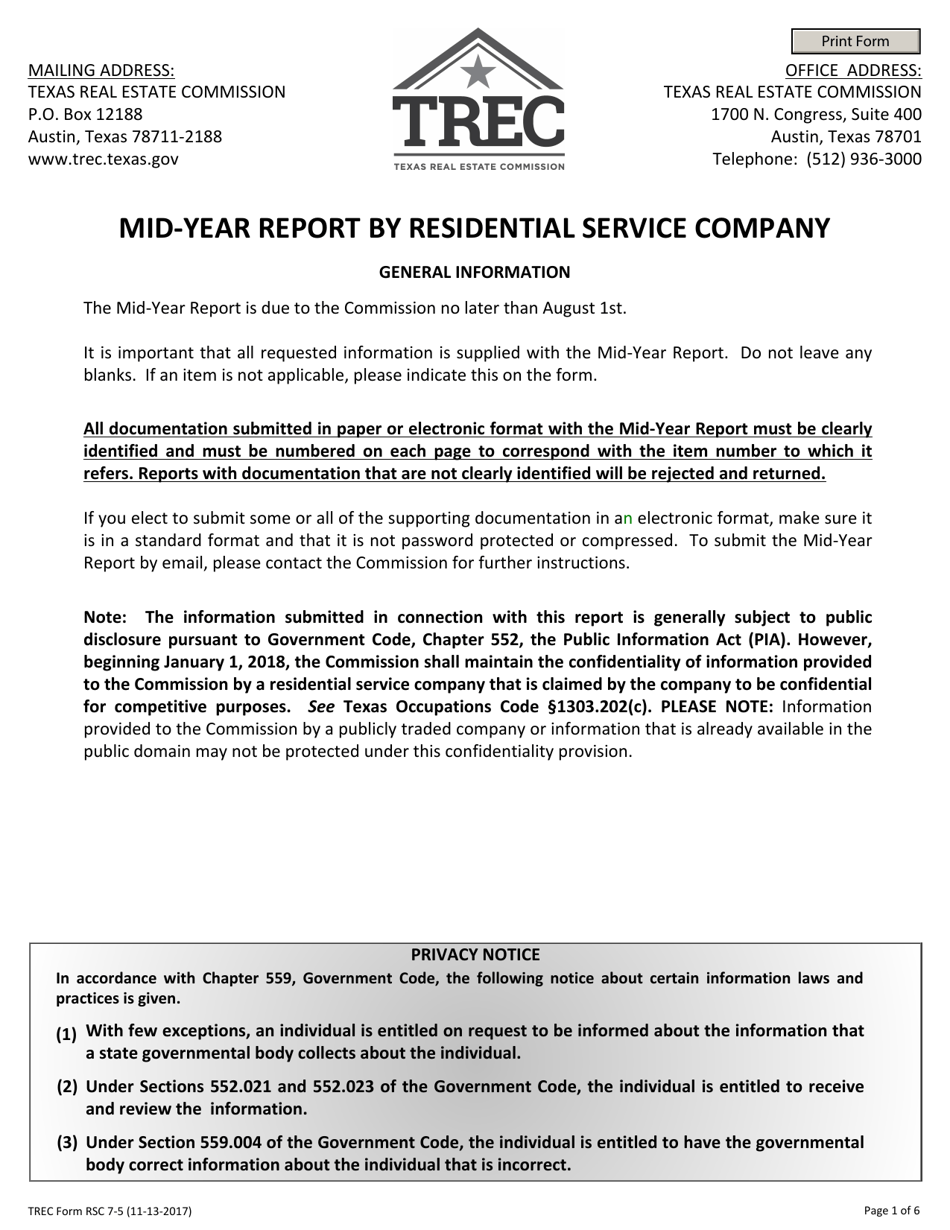 TREC Form RSC7-5 Mid-year Report by Residential Service Company - Texas, Page 1