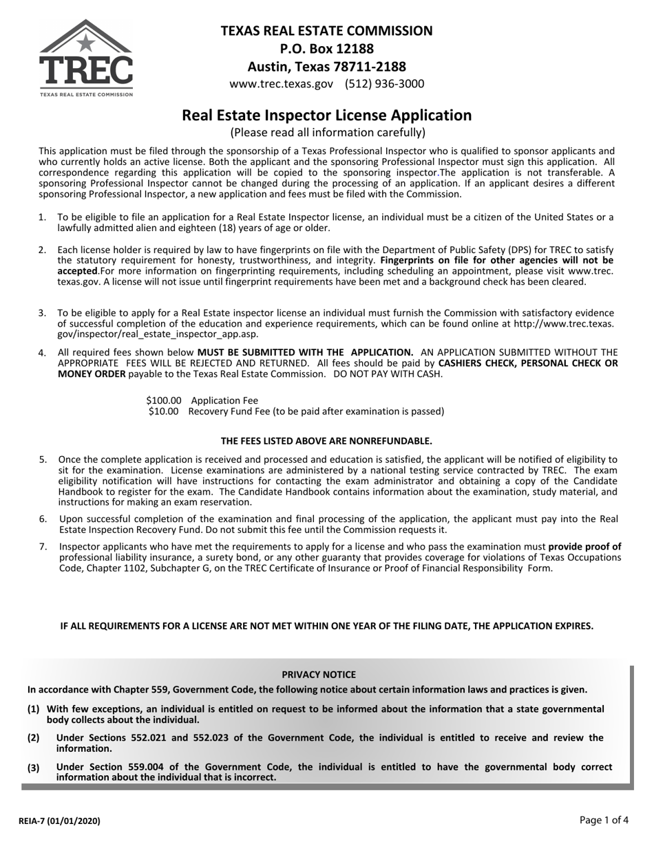 Form REIA-7 Application for Real Estate Inspector License Application - Texas, Page 1