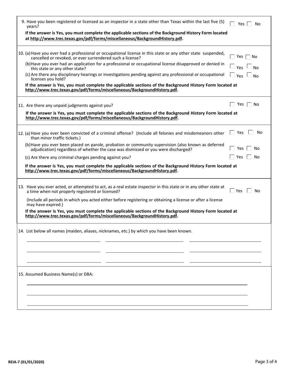 Form REIA-7 Application for Real Estate Inspector License Application - Texas, Page 3