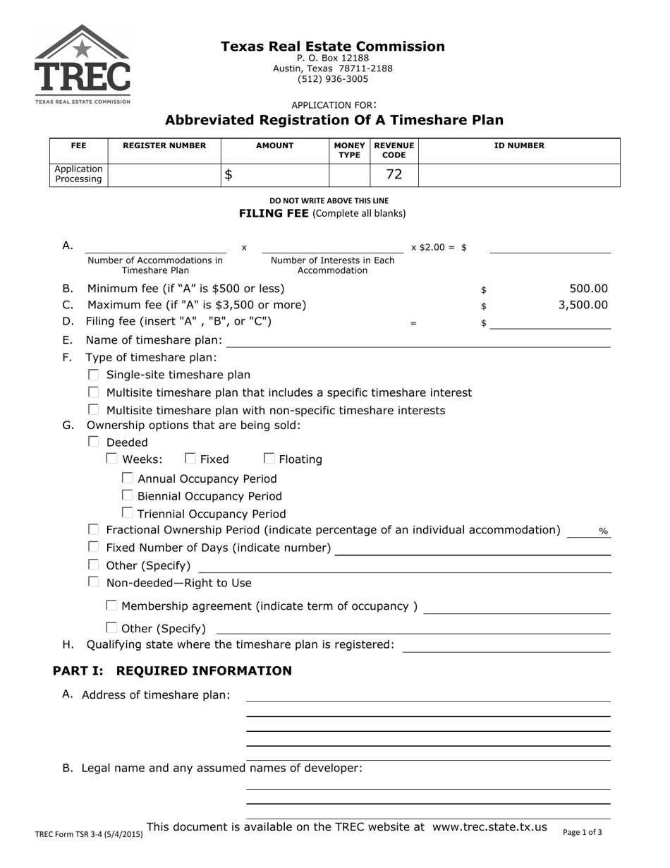 TREC Form TSR3-4 Application for: Abbreviated Registration of a Timeshare Plan - Texas, Page 1