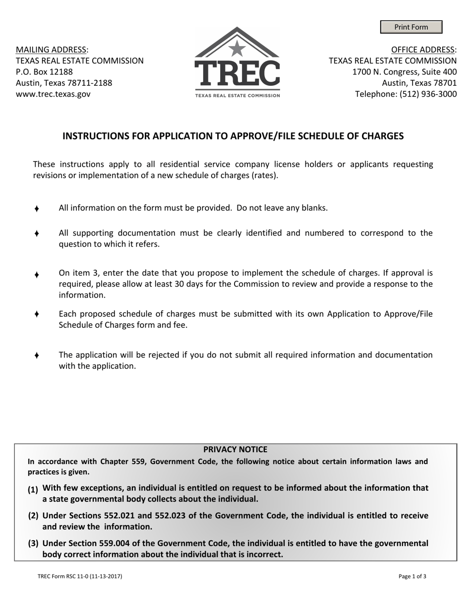 TREC Form RSC11-0 Application to Approve / File Schedule of Charges - Texas, Page 1