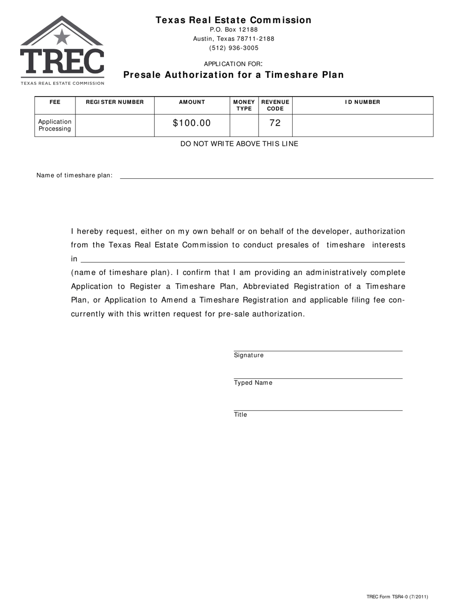 TREC Form TSR4-0 Presale Authorization for a Timeshare Plan - Texas, Page 1
