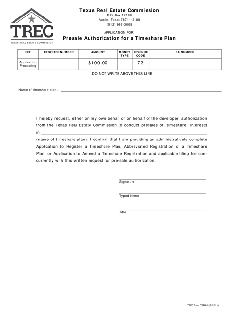 TREC Form TSR4-0 Presale Authorization for a Timeshare Plan - Texas