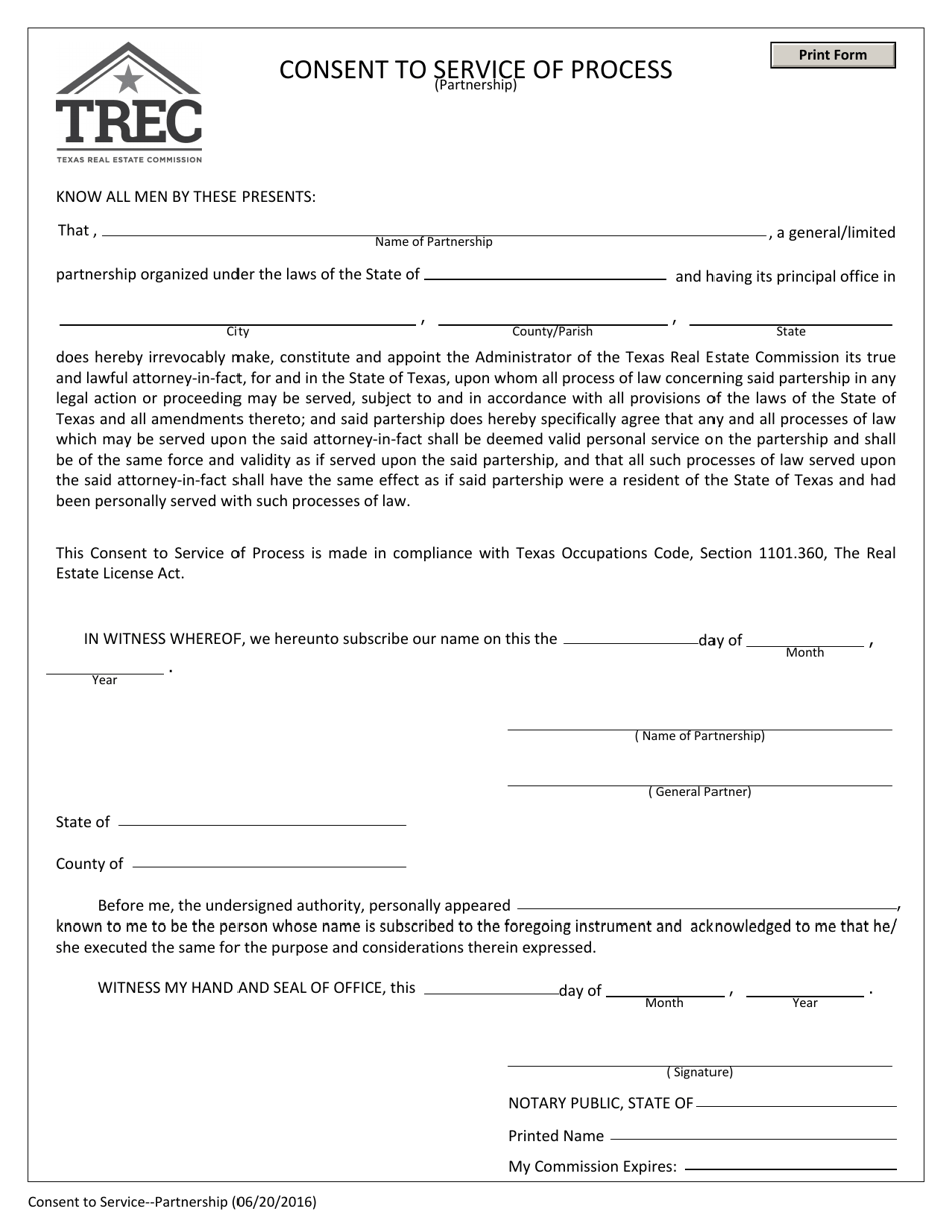 Consent to Service of Process (Partnership) - Texas, Page 1