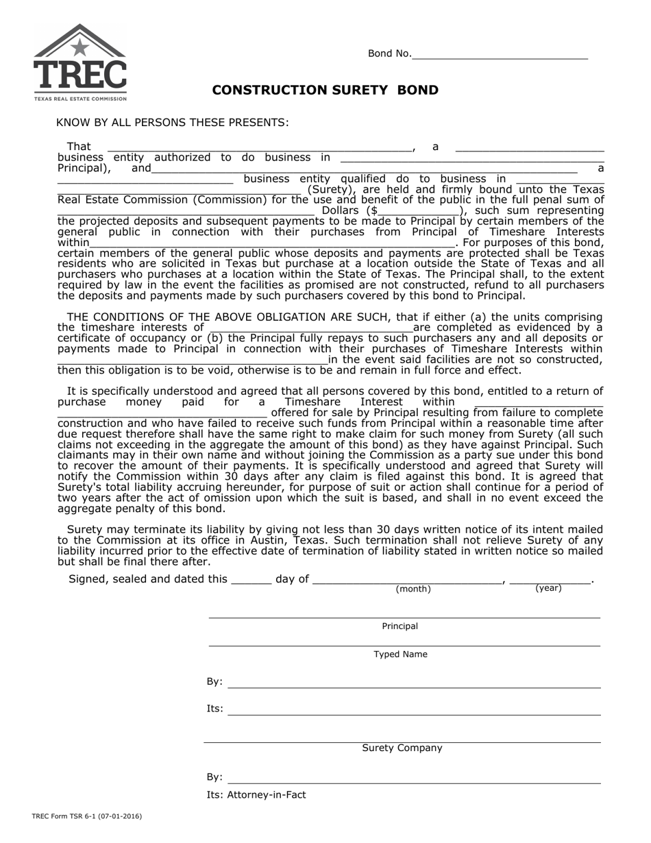 TREC Form TSR6-1 Construction Surety Bond - Texas, Page 1