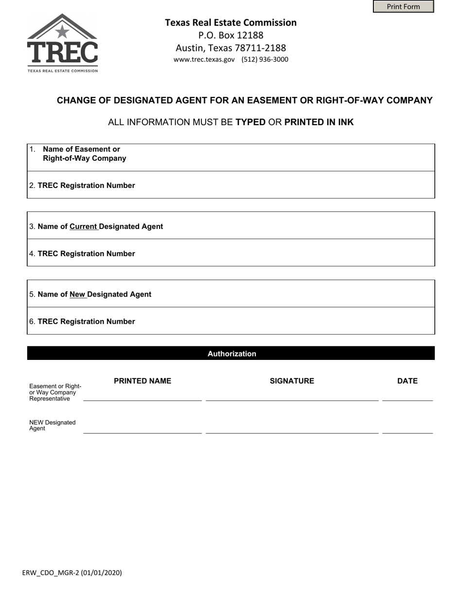 Form ERW_CDO_MGR-2 Change of Designated Agent for an Easement or Right-Of-Way Company - Texas, Page 1
