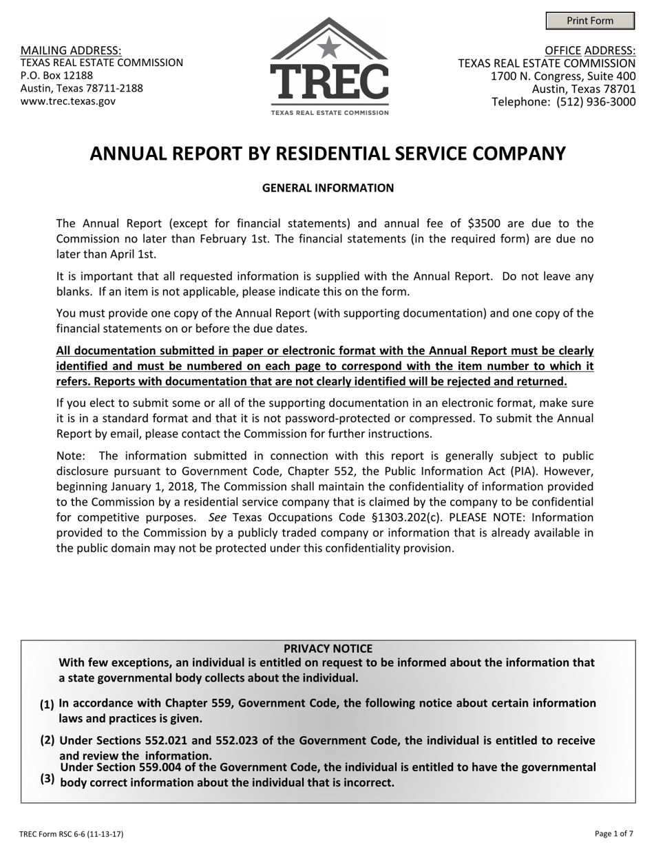 TREC Form RSC6-6 Annual Report by Residential Service Company - Texas, Page 1