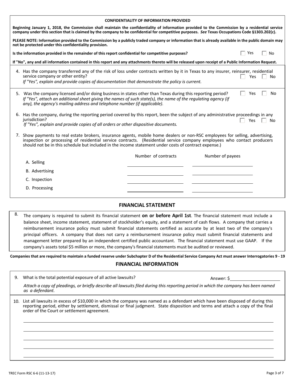 TREC Form RSC6-6 Annual Report by Residential Service Company - Texas, Page 3