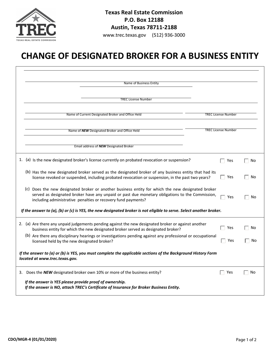 Form CDO / MGR-4 Change of Designated Broker for a Business Entity - Texas, Page 1
