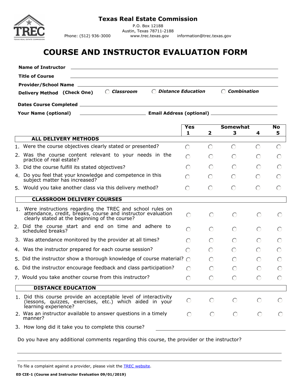 Form ED CIE-1 Course and Instructor Evaluation Form - Texas, Page 1