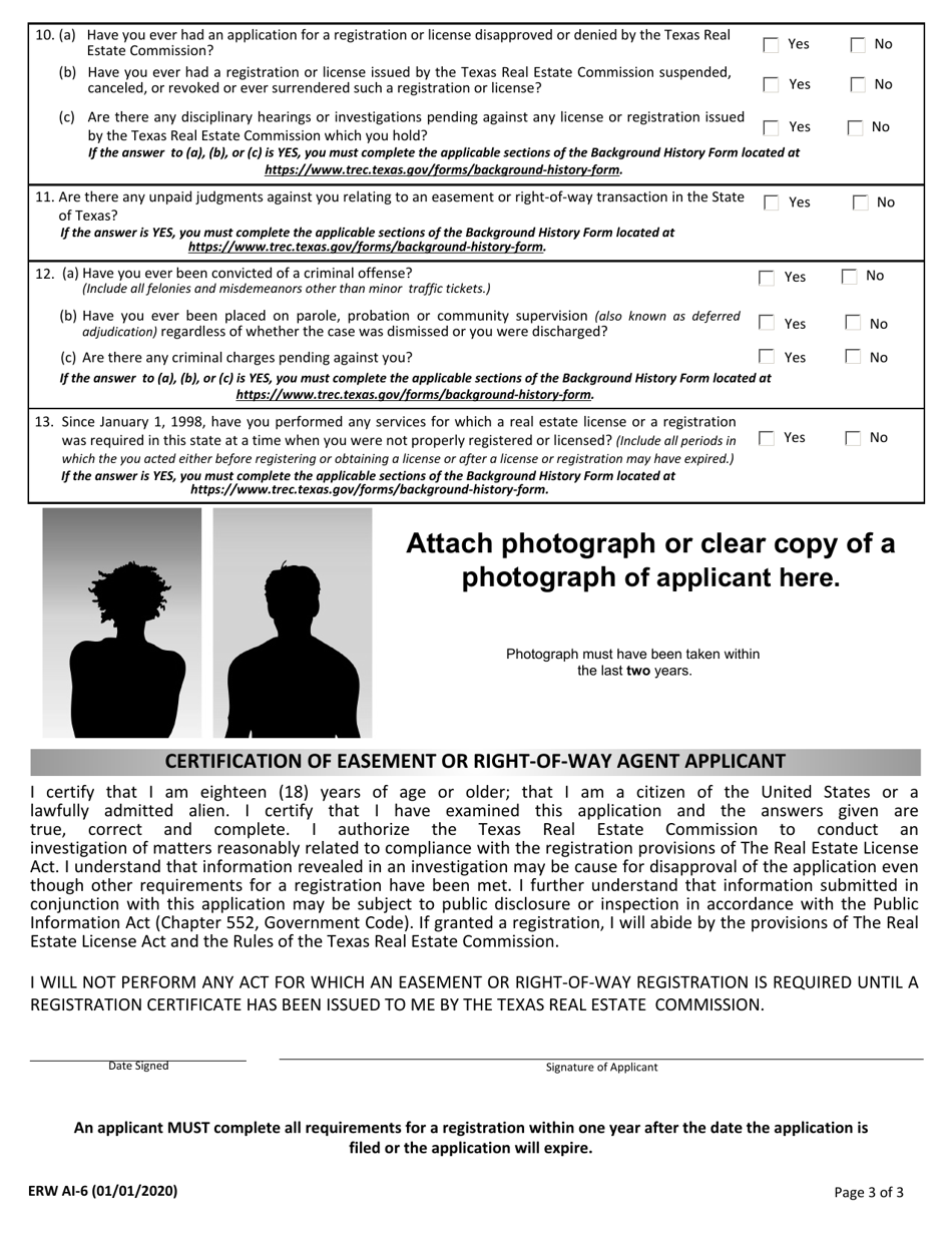Form ERW AI-6 Application for Easement or Right-Of-Way Agent Registration for an Individual - Texas, Page 3