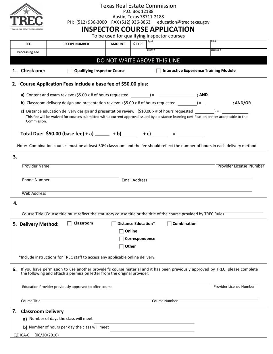 Form QE ICA-0 Inspector Course Application - Texas, Page 1