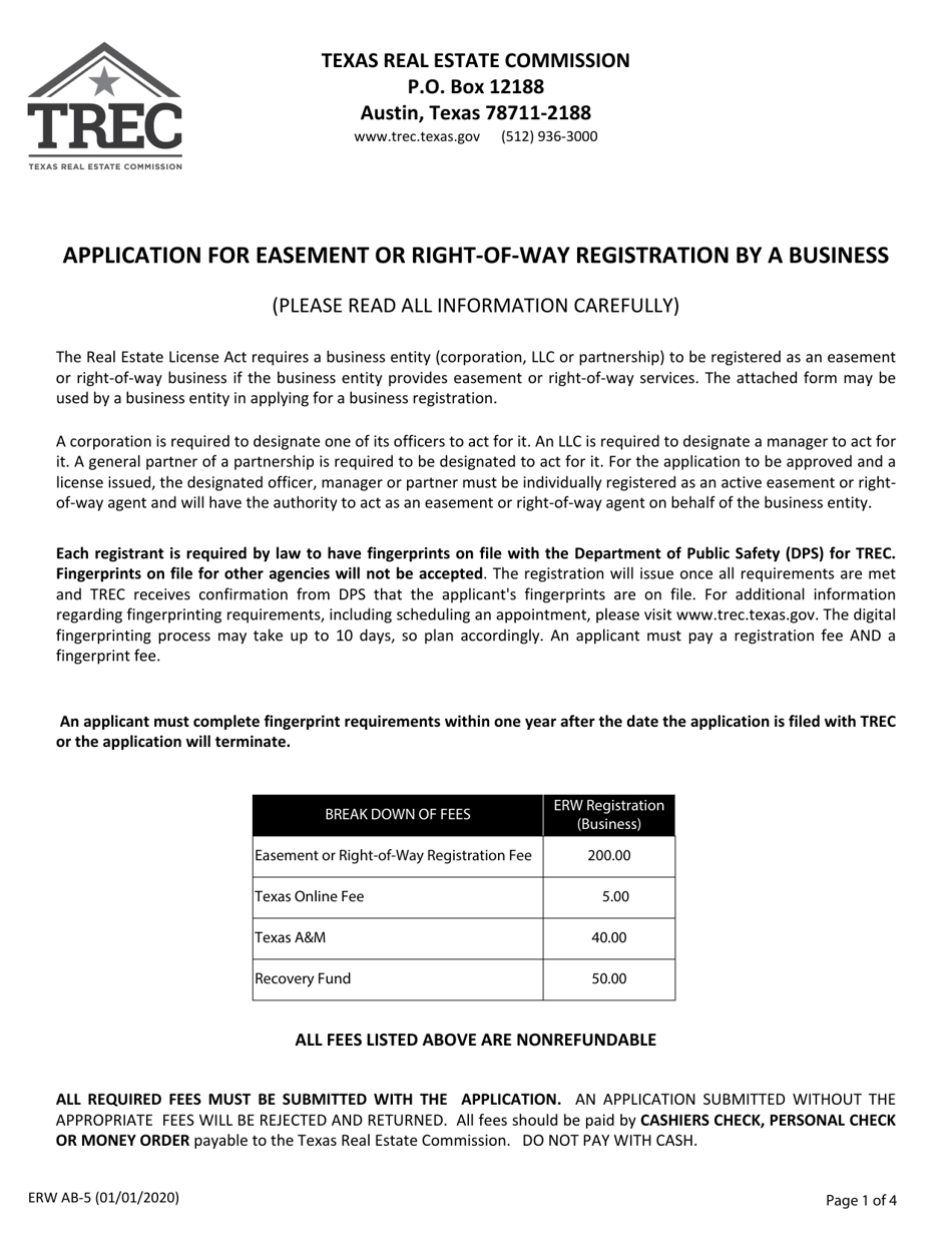 Form ERW AB-5 Application for Easement or Right-Of-Way Registration by a Business - Texas, Page 1