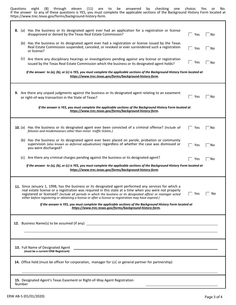Form ERW AB-5 Application for Easement or Right-Of-Way Registration by a Business - Texas, Page 3