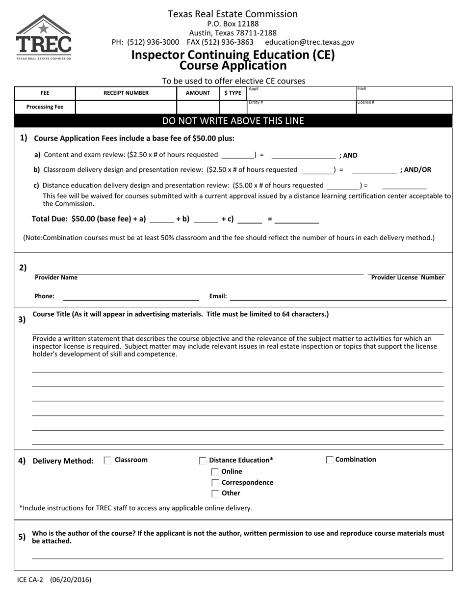 Form ICE CA-2 Inspector Continuing Education (Ce) Course Application - Texas, Page 1
