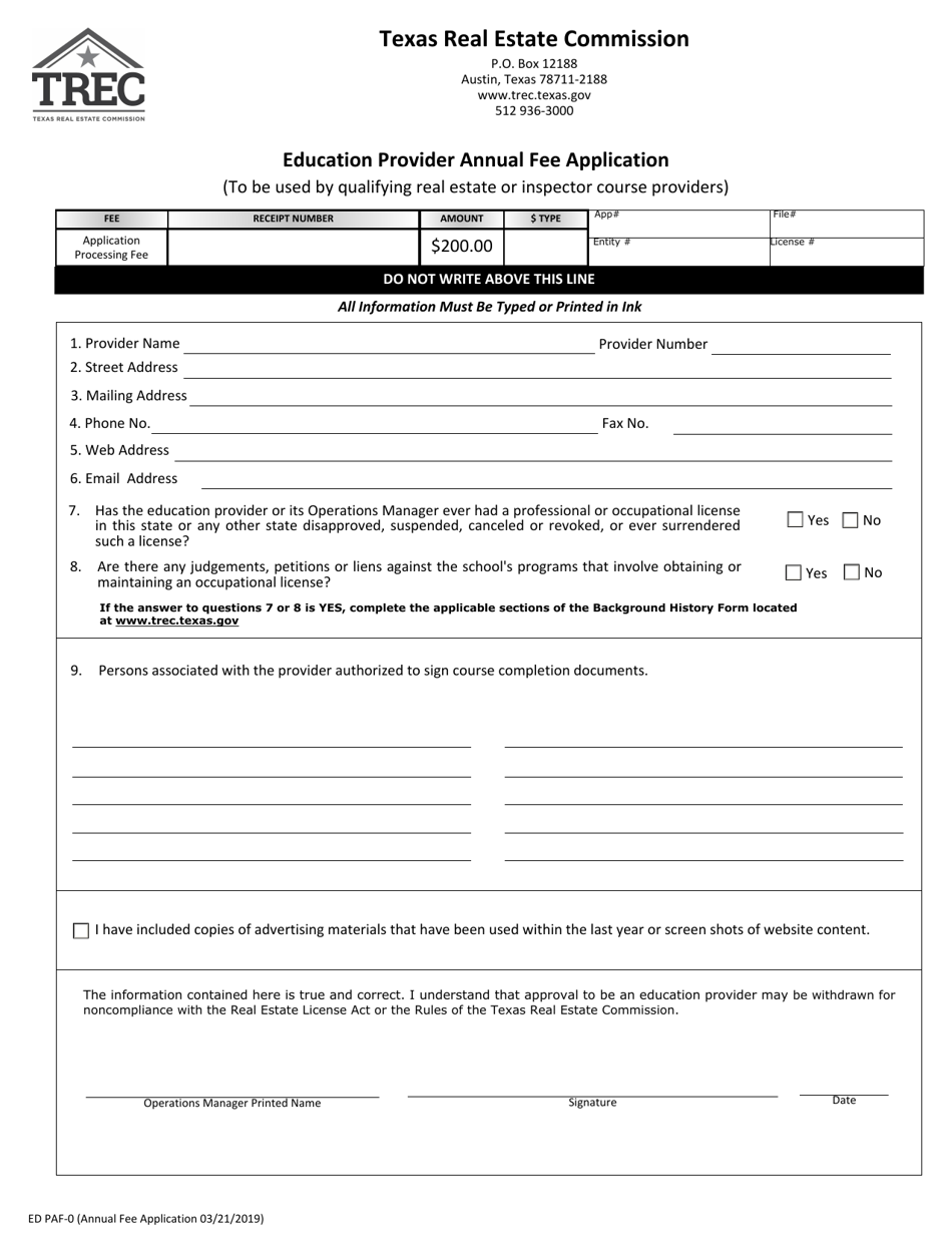 Form ED PAF-0 Education Provider Annual Fee Application - Texas, Page 1