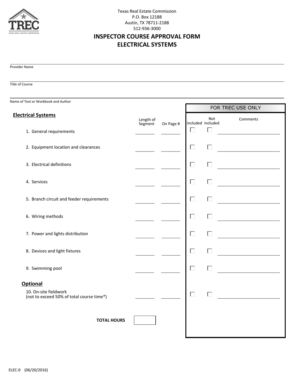 Form ELEC-0 Inspector Course Approval Form (Electrical Systems) - Texas, Page 1