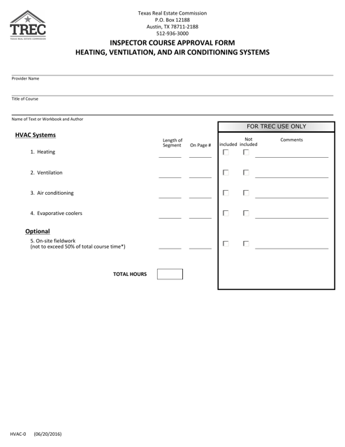 Form HVAC-0 Inspector Course Approval Form (Heating, Ventilation, and Air Conditioning Systems) - Texas