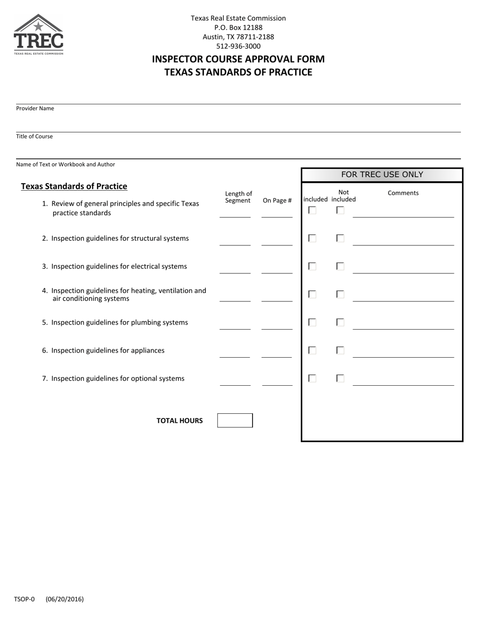 Form TSOP-0 Inspector Course Approval Form (Texas Standards of Practice) - Texas, Page 1