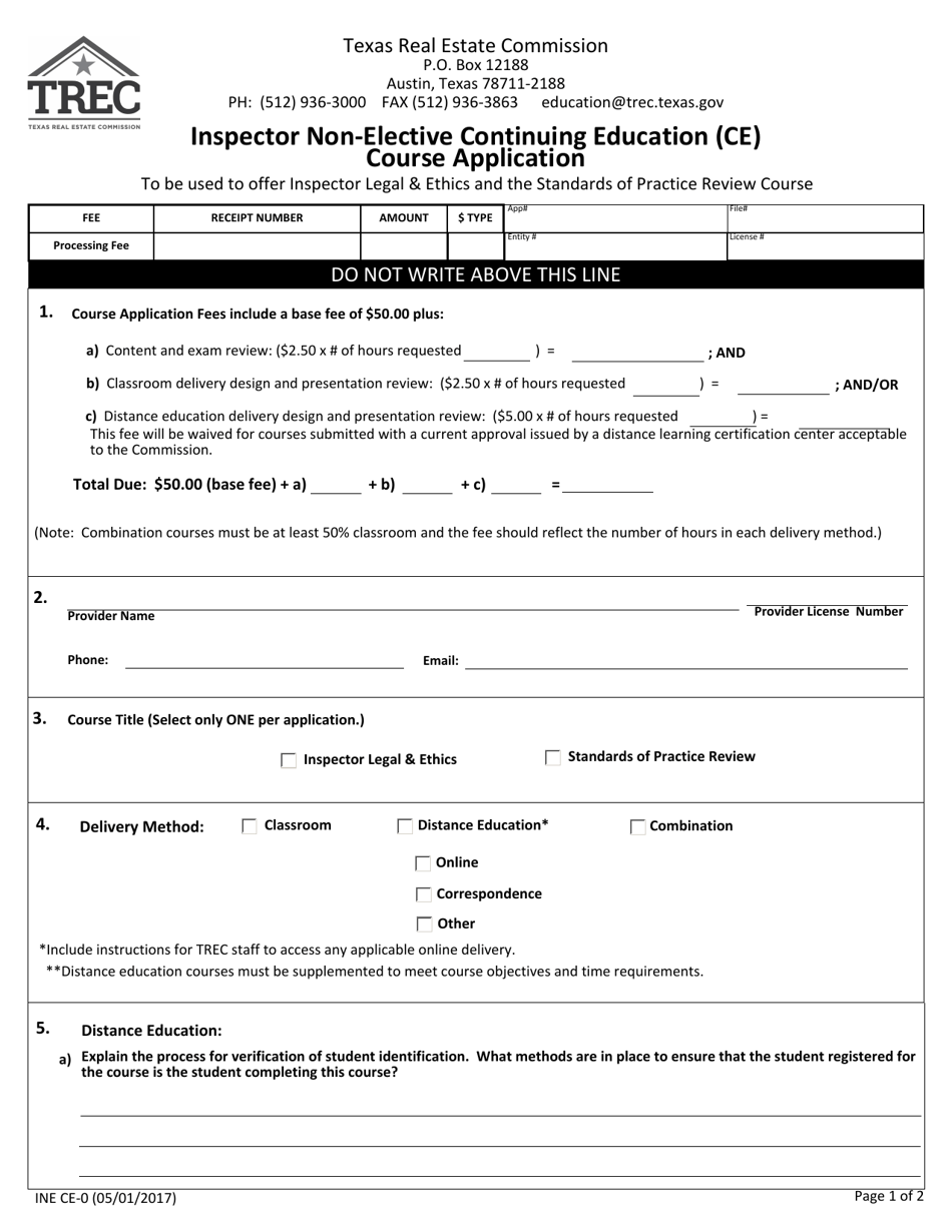 Form INE CE-0 Inspector Non-elective Continuing Education (Ce) Course Application - Texas, Page 1