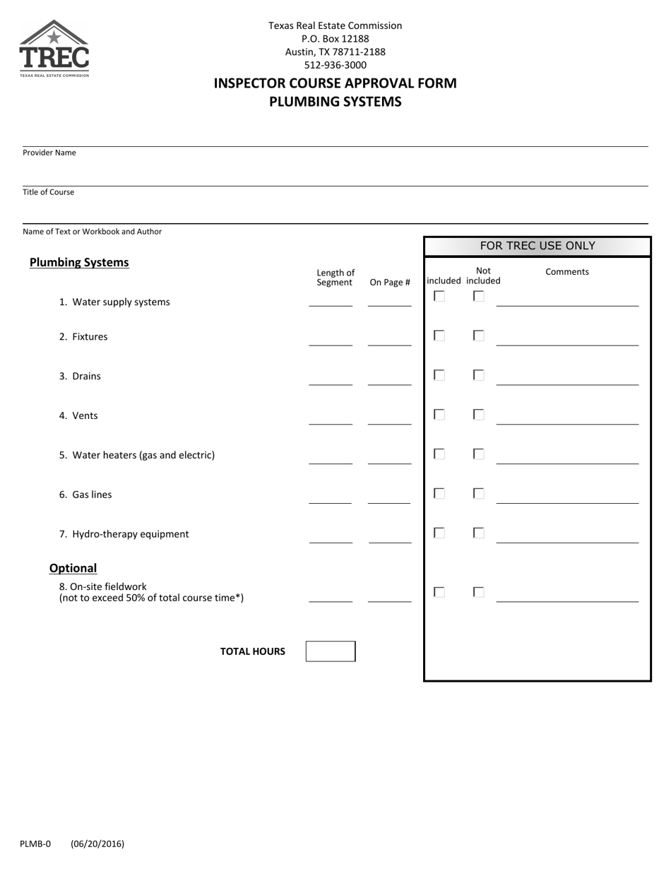 Form PLMB-0 Inspector Course Approval Form (Plumbing Systems) - Texas, Page 1
