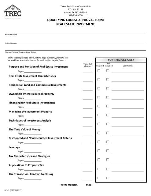 Form REI-0 Qualifying Course Approval Form (Real Estate Investment) - Texas