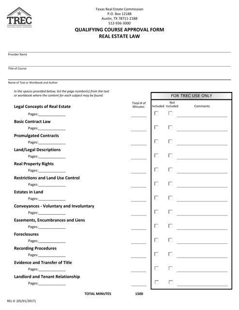 Form REL-0 Qualifying Course Approval Form (Real Estate Law) - Texas