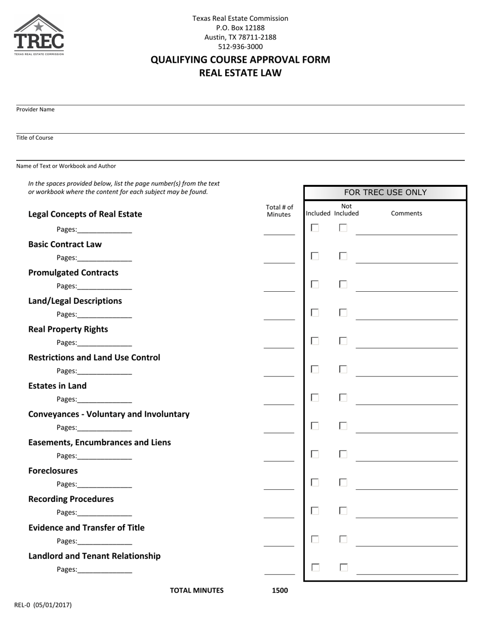 Form REL-0 Qualifying Course Approval Form (Real Estate Law) - Texas, Page 1